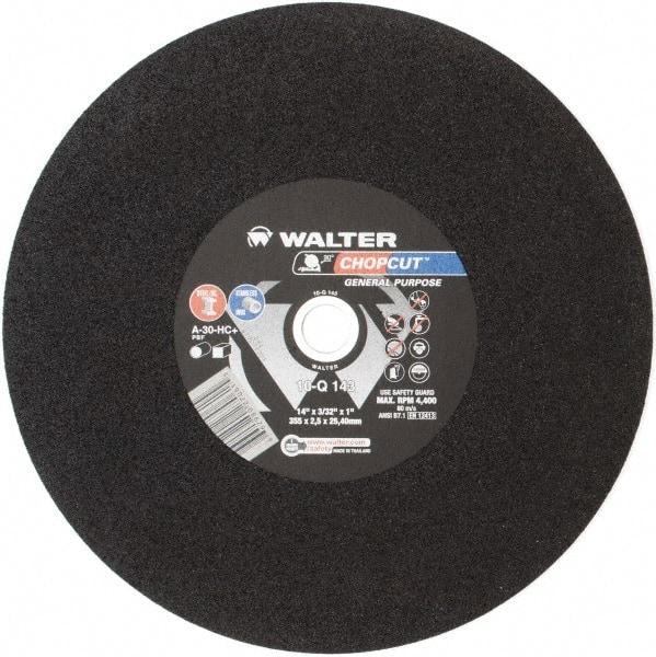 WALTER Surface Technologies - 14" 30 Grit Aluminum Oxide Cutoff Wheel - 3/32" Thick, 1" Arbor, 4,400 Max RPM, Use with Electric & Gas Powered Saws - Caliber Tooling