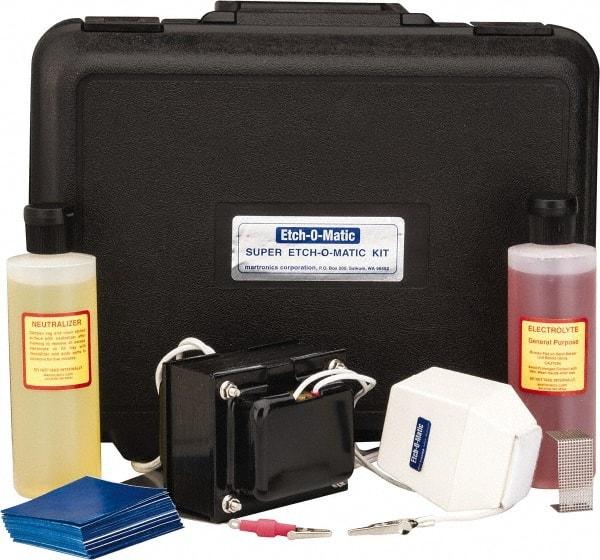 Etch-O-Matic - Electric Etcher - 10 Amp Kit, Includes 1 - 15-Volt, 10-Amp. Marker Unit With External Transformer; Adapter Clip For Deep Etch Marking; Ground Plate; 8 oz General Purpose Electrolyte; 8 oz Neutralizer; Extra Pads; 100 Pak Special Stencils - Caliber Tooling