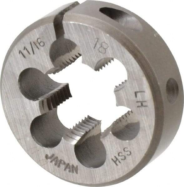 Interstate - 11/16-18 UNEF Thread, 1-1/2" Outside Diam High Speed Steel Round Die - 1/2" Thick, Left Hand Thread, Adjustable - Exact Industrial Supply