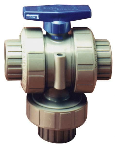 Plast-O-Matic - 3/4" Pipe, CPVC True Union Design Ball Valve - Three Way, FNPT x FNPT x FNPT Ends, Tee Handle, 175 WOG - Caliber Tooling