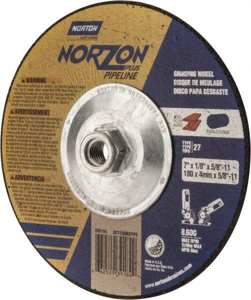 Norton - 30 Grit, 7" Wheel Diam, 1/8" Wheel Thickness, Type 27 Depressed Center Wheel - Ceramic, 8,600 Max RPM, Compatible with Angle Grinder - Caliber Tooling