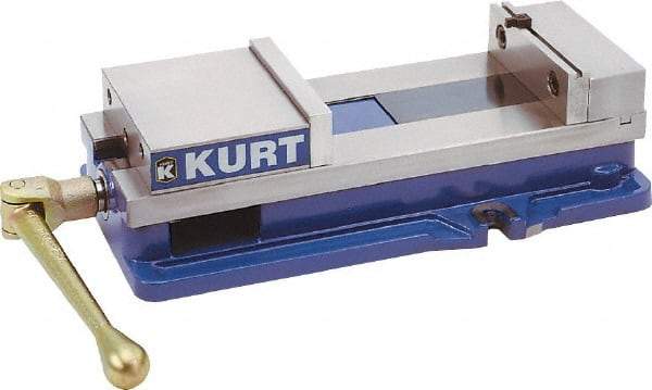 Kurt - 10" Jaw Width, 9-3/4" Jaw Opening Capacity, Horizontal Stationary Machine Vise - Manual Operation, 26,277 Lb Capacity, 1 Station, 29.19" Long x 6-13/16" High x 2-15/16" Deep, 2-1/2" Jaw Height, 80,000 psi Max Clamp Force, Ductile Iron - Caliber Tooling