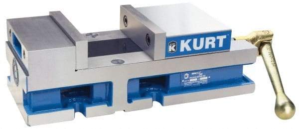 Kurt - 6" Jaw Width, 4" Jaw Opening Capacity, Horizontal Stationary Machine Vise - Manual Operation, 6,356 Lb Capacity, 1 Station, 14.88" Long x 4.6720" High x 1-31/64" Deep, 1.735" Jaw Height, 80 Lb Max Clamp Force - Caliber Tooling