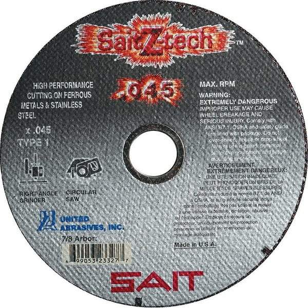 Sait - 5" Zirconia Alumina Cutoff Wheel - 0.045" Thick, 7/8" Arbor, 12,200 Max RPM, Use with Angle Grinders - Caliber Tooling