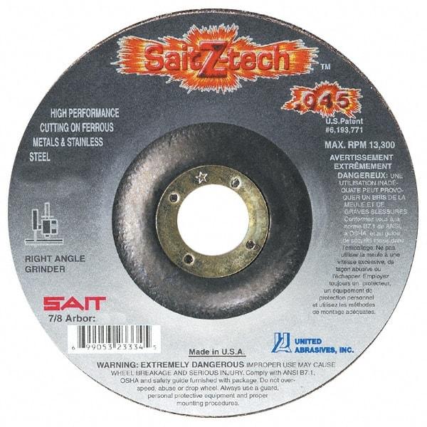 Sait - 5" Wheel Diam, 7/8" Arbor Hole, Type 27 Depressed Center Wheel - Zirconia Alumina, Resinoid Bond, 12,200 Max RPM, Compatible with Angle Grinder - Caliber Tooling