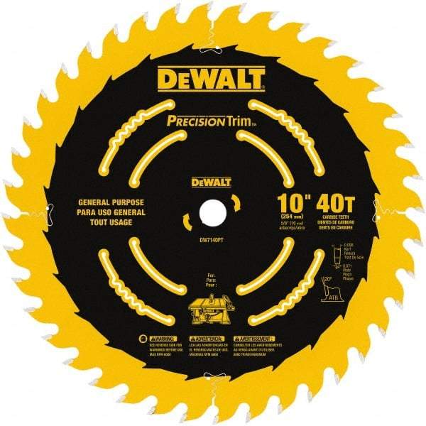 DeWALT - 10" Diam, 5/8" Arbor Hole Diam, 40 Tooth Wet & Dry Cut Saw Blade - Carbide-Tipped, General Purpose Action, Standard Round Arbor - Caliber Tooling