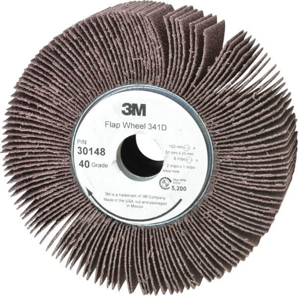 3M - 6" Diam, 40 Grit Aluminum Oxide Unmounted Flap Wheel - 1" Hole, 2" Wide, Coated, Coarse Grade, 5,200 Max RPM , X Weighted, Cloth Backing - Caliber Tooling