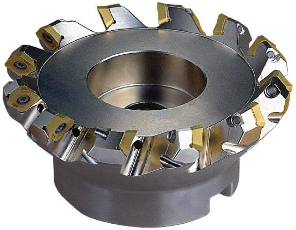 Seco - 5.47" Cut Diam, 1-1/2" Arbor Hole, 0.236" Max Depth of Cut, 45° Indexable Chamfer & Angle Face Mill - 8 Inserts, SE.X 43 Insert, Right Hand Cut, 8 Flutes, Through Coolant, Series R220.53 - Caliber Tooling