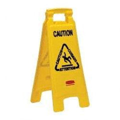 Rubbermaid - Caution, 11" Wide x 25" High, Plastic Floor Sign - English/French/Spanish, A-Frame, Black on Yellow, For Restroom, Janitorial & Housekeeping - Caliber Tooling