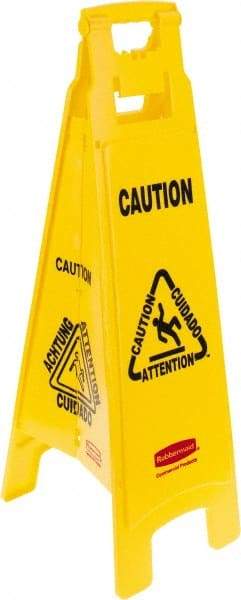 Rubbermaid - Caution, 12" Wide x 37" High, Plastic Floor Sign - English/French/Spanish, A-Frame, Black on Yellow, For Restroom, Janitorial & Housekeeping - Caliber Tooling