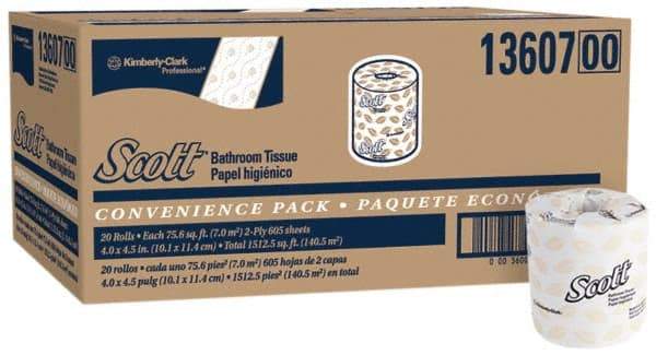 Scott - 4" Sheet Width, Standard Roll Toilet Tissue - 605 Sheets per Roll, 2 Ply, White, Recycled Fiber - Caliber Tooling