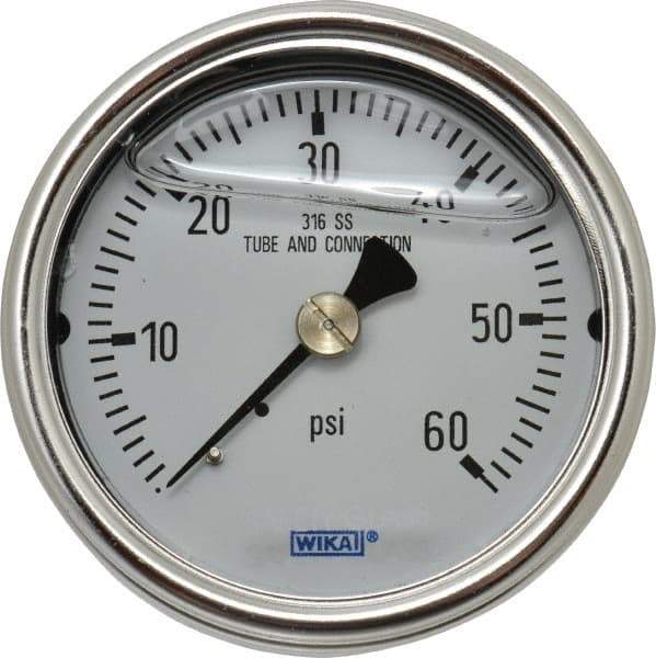 Wika - 2-1/2" Dial, 1/4 Thread, 0-60 Scale Range, Pressure Gauge - Center Back Connection Mount, Accurate to 2-1-2% of Scale - Caliber Tooling