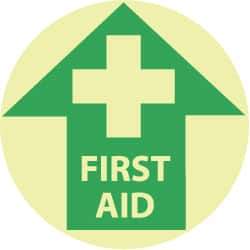 NMC - First Aid, Anti-Skid Polyester Floor Sign - Round, Green on Yellow (Glow), Adhesive Backed, For First Aid - Caliber Tooling