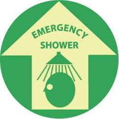 NMC - Emergency Shower, Anti-Skid Polyester Floor Sign - Round, Green on Yellow (Glow), Adhesive Backed, For First Aid - Caliber Tooling