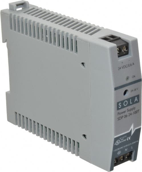 Sola/Hevi-Duty - 100 Watt, 0.60 Amp, 264 VAC, 375 VDC Input, 24 to 28 VDC Output, DIN Rail Power Supply - Screw Terminal Connection, 1 Output, 0.9 Inch Wide x 3.8 Inch Deep x 2.95 Inch High, Up to 80% Efficiency, 14 to 140°F, Green LED Display - Caliber Tooling