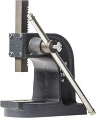 Dake - 1" Ram, 3-1/2" Throat Depth, 1 Ton Manual Arbor Press - 4-1/2" Max Work Height x 7" Max Work Width, Single Leverage, 25:1 Leverage Ratio, 4-1/4" Base Width x 9-1/2" Base Depth - Caliber Tooling