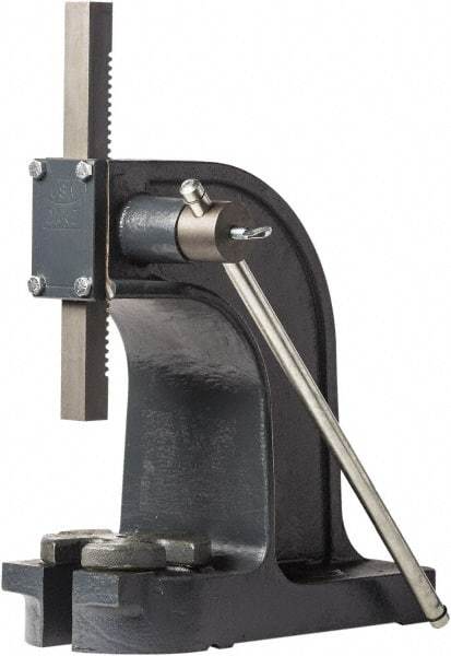 Dake - 1" Ram, 4-1/2" Throat Depth, 1-1/2 Ton Manual Arbor Press - 7-1/8" Max Work Height x 9" Max Work Width, Single Leverage, 32:1 Leverage Ratio, 6" Base Width x 14" Base Depth - Caliber Tooling