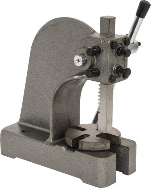 Interstate - 3/4" Ram, 3-1/4" Throat Depth, 1/2 Ton Manual Arbor Press - 4-1/2" Max Work Height x 6-1/2" Max Work Width, Single Leverage, 4" Base Width x 9-1/2" Base Depth - Caliber Tooling