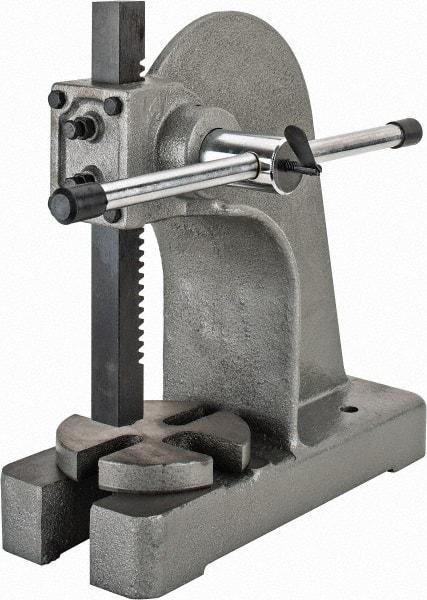 Interstate - 1-5/8" Ram, 6" Throat Depth, 2 Ton Manual Arbor Press - 8-1/2" Max Work Height x 12" Max Work Width, Single Leverage, 6-3/4" Base Width x 17" Base Depth - Caliber Tooling