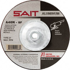 Sait - 46 Grit, 4-1/2" Wheel Diam, 1/4" Wheel Thickness, Type 27 Depressed Center Wheel - Aluminum Oxide, Resinoid Bond, N Hardness, 13,300 Max RPM, Compatible with Angle Grinder - Caliber Tooling