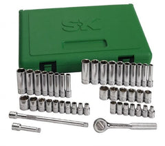 SK - 44 Piece 1/4" Drive Standard Deep Socket Set - 6 Points, 3/16 to 9/16", 4 to 15mm, Inch/Metric Measurement Standard - Caliber Tooling