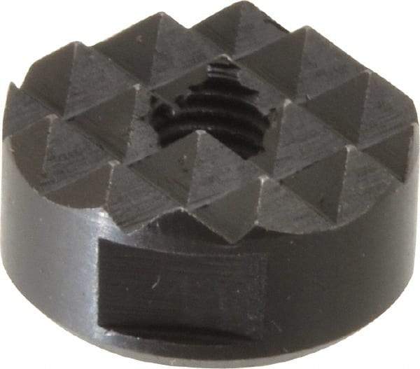 Fairlane - 1/4-28 Thread, 3/4" Diam, 3/8" High, Threaded, Coarse Tooth Grade Diamond Serration Tooth Pattern, High Speed Steel, Round Positioning Gripper - 3/16" Flat Width, Black Oxide Coated - Caliber Tooling