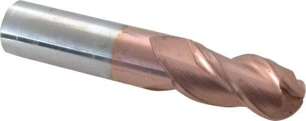 Accupro - 3/4" Diam, 1-1/2" LOC, 3 Flute Solid Carbide Ball End Mill - TiCN Finish, Single End, 4" OAL, 3/4" Shank Diam, Spiral Flute - Caliber Tooling