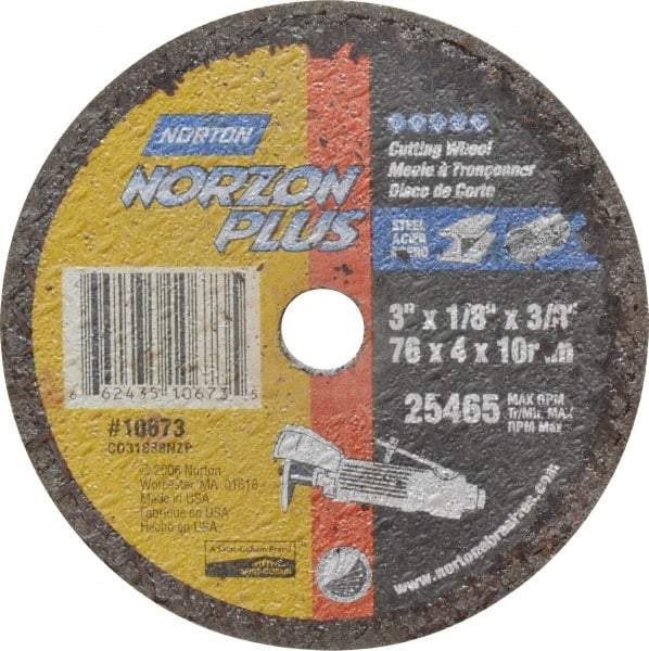 Norton - 3" Ceramic Cutoff Wheel - 1/8" Thick, 3/8" Arbor, 25,465 Max RPM, Use with Die Grinders - Caliber Tooling