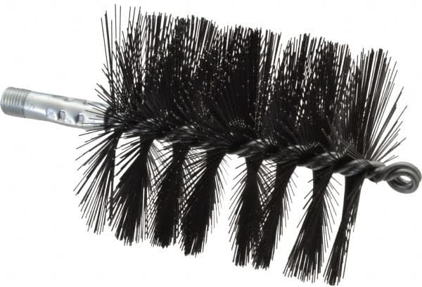 Schaefer Brush - 4-1/2" Brush Length, 4" Diam, Double Stem, Single Spiral Flue Brush - 7-1/2" Long, Tempered Steel Wire, 1/4" NPSM Male Connection - Caliber Tooling