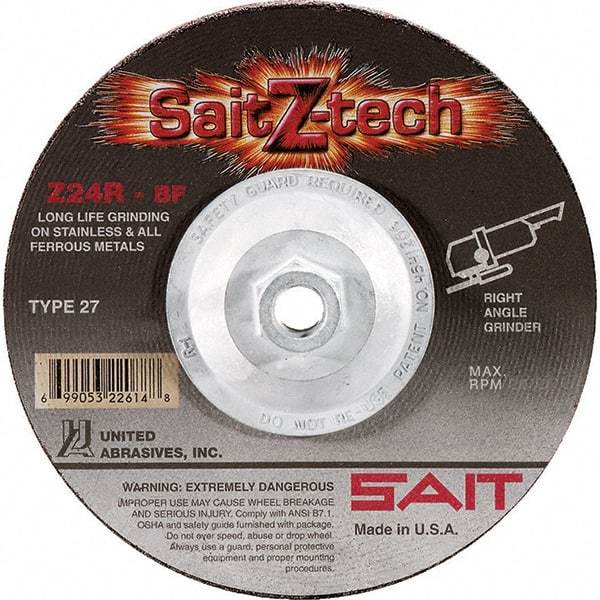 Sait - 24 Grit, 9" Wheel Diam, 1/4" Wheel Thickness, Type 27 Depressed Center Wheel - Zirconia Alumina, Resinoid Bond, R Hardness, 6,600 Max RPM, Compatible with Angle Grinder - Caliber Tooling