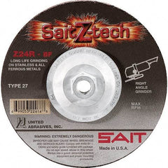 Sait - 24 Grit, 7" Wheel Diam, 1/4" Wheel Thickness, Type 27 Depressed Center Wheel - Zirconia Alumina, Resinoid Bond, R Hardness, 8,500 Max RPM, Compatible with Angle Grinder - Caliber Tooling