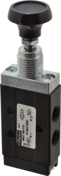 Parker - 0.20 CV Rate, 1/8" NPT Inlet Direct Air 2 Mechanical Spool Valve - 3 Way, 2 Position, Manual Return, Button Push Pull, 150 Max psi - Caliber Tooling