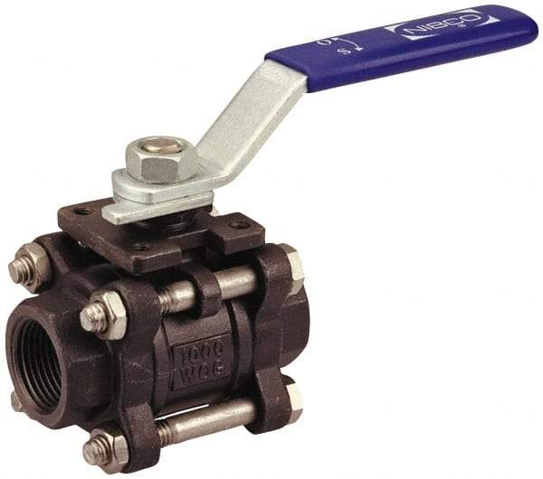 NIBCO - 1/4" Pipe, Full Port, Carbon Steel Standard Ball Valve - 3 Piece, Inline - One Way Flow, FNPT x FNPT Ends, Locking Lever Handle, 1,000 WOG - Caliber Tooling