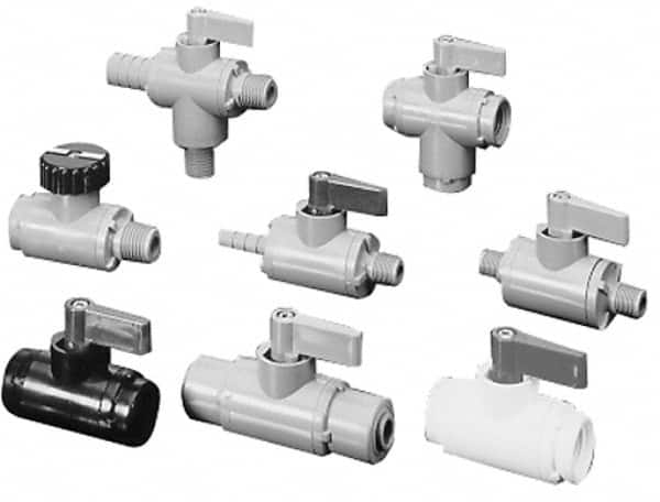 Specialty Mfr - 1/4" Pipe, PVC Standard Ball Valve - Inline - Two Way Flow, Barbed x Barbed Ends, Wedge Handle, 125 WOG - Caliber Tooling