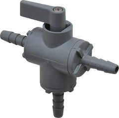 Specialty Mfr - 1/4" Pipe, PVC Standard Ball Valve - Three Way, Barbed x Barbed x Barbed Ends, Wedge Handle, 125 WOG - Caliber Tooling