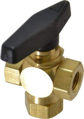 Specialty Mfr - 1/4" Pipe, Brass Standard Ball Valve - Three Way, FNPT x FNPT x FNPT Ends, Wedge Handle, 400 WOG - Caliber Tooling