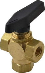 Specialty Mfr - 1/4" Pipe, Brass Standard Ball Valve - Three Way, FNPT x FNPT x FNPT Ends, Wedge Handle, 400 WOG - Caliber Tooling