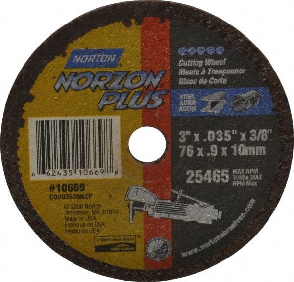 Norton - 3" Ceramic Cutoff Wheel - 0.035" Thick, 3/8" Arbor, 25,465 Max RPM, Use with Die Grinders - Caliber Tooling