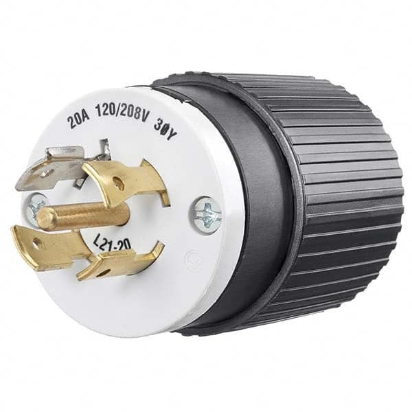 Locking Inlet: Plug, Industrial, L21-20P, 120 & 208V, Black & White Self-Grounding, 20A, Nylon, 4 Poles, 5 Wire