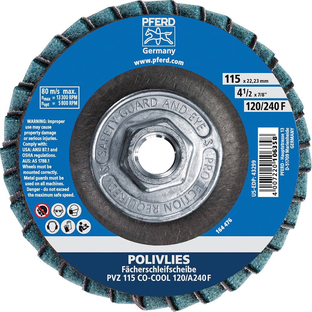 PFERD - Flap Discs; Abrasive Type: Coated & Non-Woven Combo ; Flap Disc Type: Compact ; Disc Diameter (Inch): 4-1/2 ; Abrasive Material: Ceramic Oxide ; Grit: 120 ; Attaching System: Hub - Exact Industrial Supply