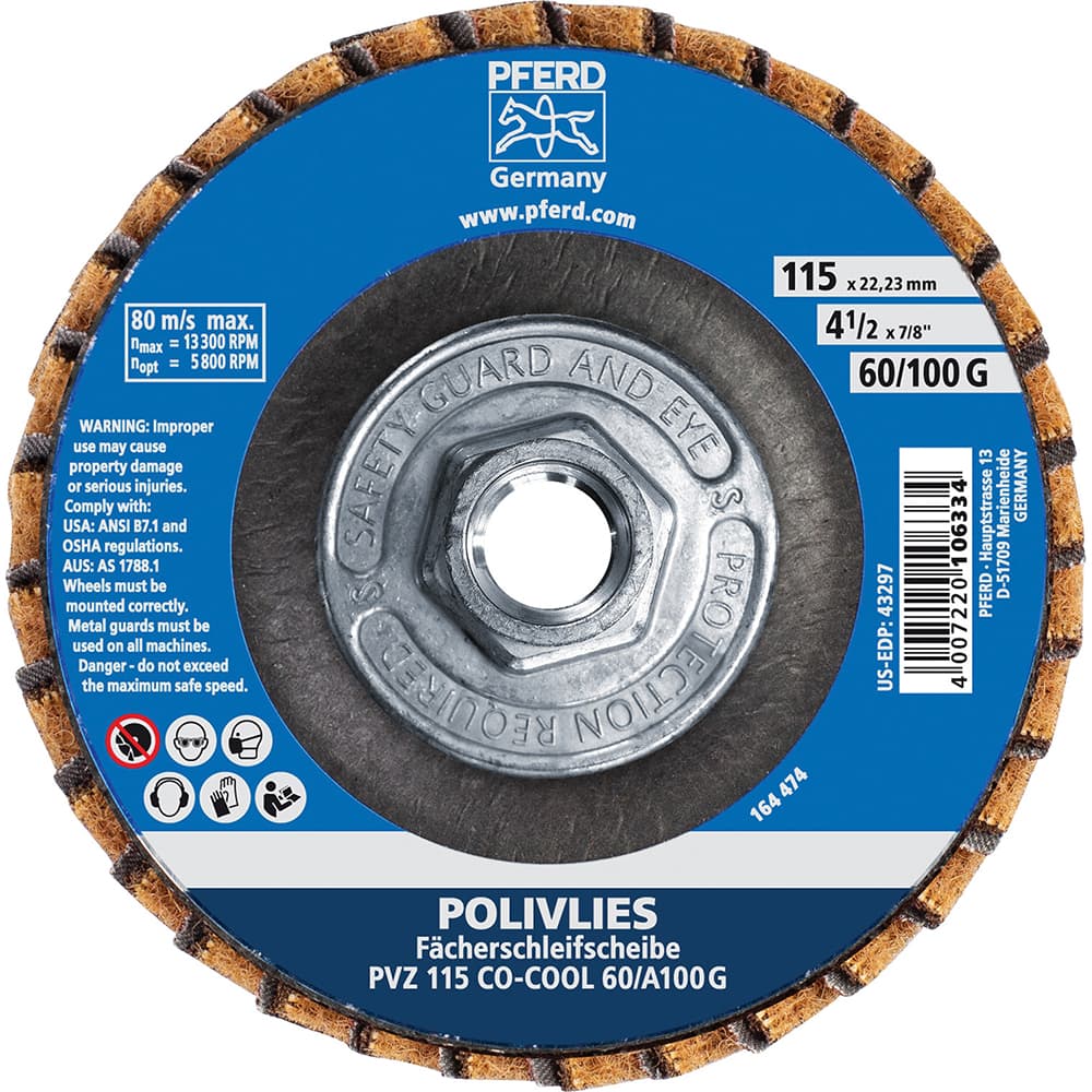 PFERD - Flap Discs; Abrasive Type: Coated & Non-Woven Combo ; Flap Disc Type: Compact ; Disc Diameter (Inch): 4-1/2 ; Abrasive Material: Ceramic Oxide ; Grit: 60 ; Attaching System: Hub - Exact Industrial Supply