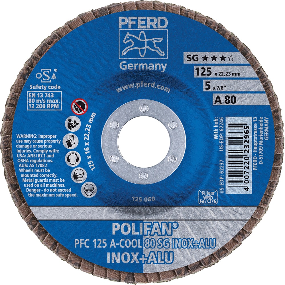 PFERD - Flap Discs; Abrasive Type: Coated ; Flap Disc Type: Type 29 ; Disc Diameter (Inch): 5 ; Abrasive Material: Aluminum Oxide ; Grit: 80 ; Attaching System: Arbor - Exact Industrial Supply