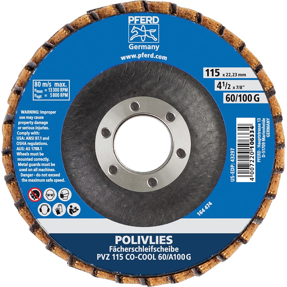 PFERD - Flap Discs; Abrasive Type: Coated ; Flap Disc Type: Compact ; Disc Diameter (Inch): 4-1/2 ; Abrasive Material: Ceramic Oxide ; Grit: 60 ; Attaching System: Arbor - Exact Industrial Supply