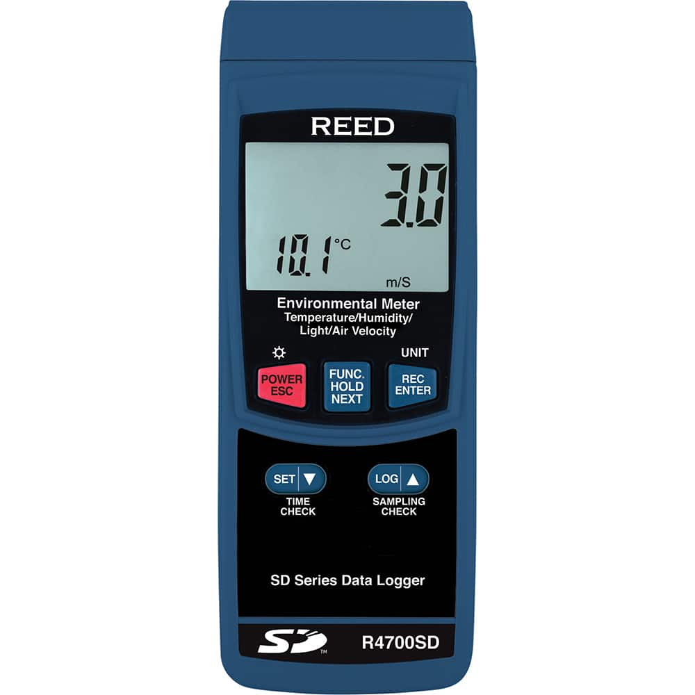 REED Instruments - Airflow Meters & Thermo-Anemometers; Type: Environmental Meter ; Maximum Air Velocity ft/min (Feet): 5906 ; Min Air Velocity ft/min (Feet): 79 ; Min Air Velocity km/hr: 0.400 ; Min Air Velocity knots: 0.800 ; Min Air Velocity mph: 0.90 - Exact Industrial Supply