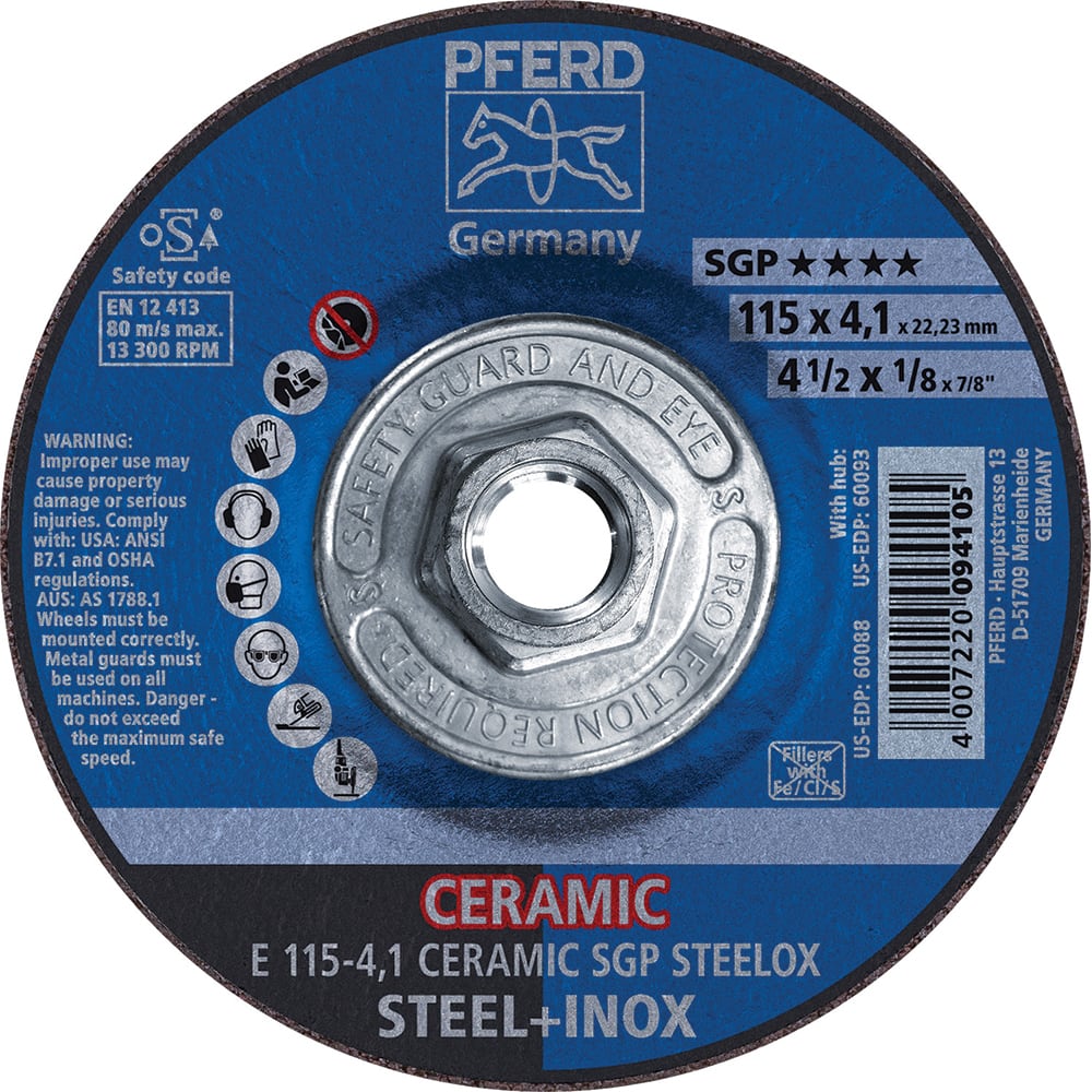 PFERD - Depressed-Center Wheels; Hole Thread Size: 5/8-11 ; Connector Type: Arbor ; Wheel Type Number: Type 27 ; Abrasive Material: Ceramic Oxide ; Maximum RPM: 13300.000 ; Grit: 24 - Exact Industrial Supply