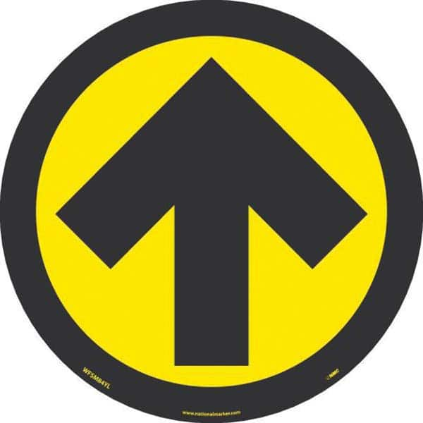 Adhesive Backed Floor Signs; Message Type: COVID-19; Graphic Type: Arrow; Message or Graphic: Message & Graphic; Legend: Arrow Graphic; Color: Yellow; Black; Special Color Properties: No Special Properties; Material: Vinyl; Shape: Circle; Oval; Height (In