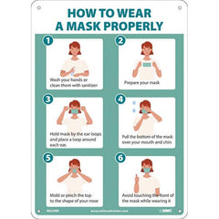 Sign: Rectangle, ″HOW TO WEAR A MASK PROPERLY 1 WASH YOUR HANDS OR CLEAN THEM WITH SANITIZER 2 PREPARE YOUR MASK 3 HOLD MASK BY THE EAR LOOPS AND PLACE A LOOP AROUND EACH EAR 4 PULL THE BOTTOM OF THE MASK OVER YOUR MOUTH AND CHIN 5 MOLD OR PINCH THE TOP T