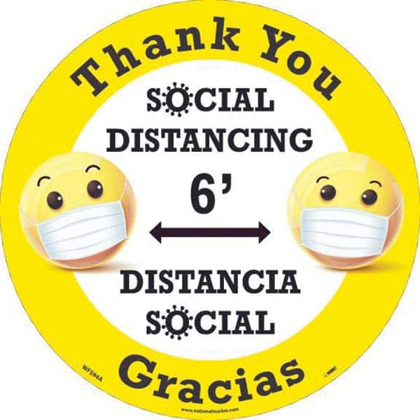 Adhesive Backed Floor Signs; Message Type: COVID-19; Graphic Type: Arrows; Message or Graphic: Message & Graphic; Legend: Thank You Social Distancing 6', Distancia Social Gracias; Color: White; Yellow; Black; Special Color Properties: No Special Propertie