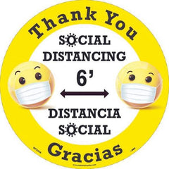 Adhesive Backed Floor Signs; Message Type: COVID-19; Graphic Type: Arrows; Message or Graphic: Message & Graphic; Legend: Thank You Social Distancing 6', Distancia Social Gracias; Color: White; Yellow; Black; Special Color Properties: No Special Propertie