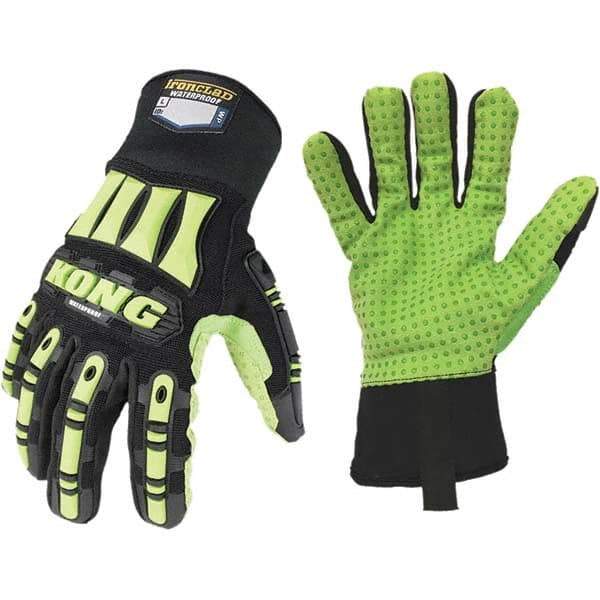 ironCLAD - Size 2XL (11), ANSI Cut Lvl A1, Abrasion Lvl 5, Cut Resistant Gloves - 11" Long, Uncoated, Polyester Lining, Slip-On Cuff, Black/Green, Paired - Caliber Tooling